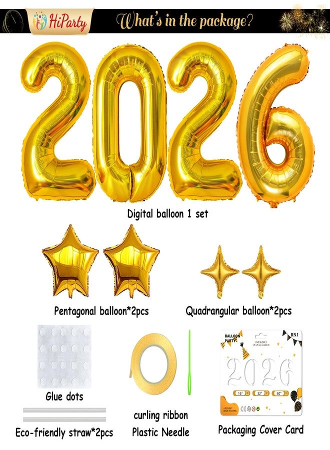 HiParty Upgraded, 42in Large 2026 Balloons Numbers, with 4pcs Star Balloon and Accessories (3D Premium Aluminum Foil) Ideal New Years Eve Balloons Decorations, for New Years Eve Party Supplies 2026, Glod - Image 3